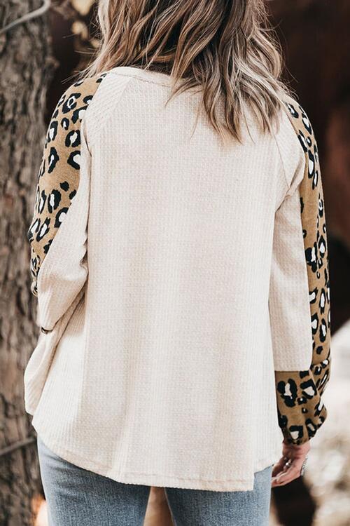Women Plus Size Long Sleeve Leopard V-Neck Raglan Sleeve Blouse NicholesGifts