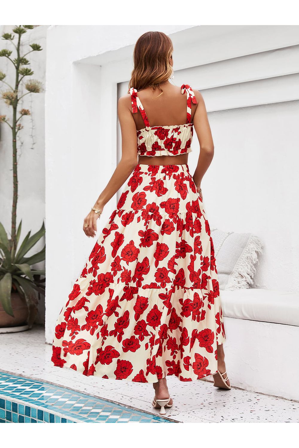 Women Floral Tie Shoulder Top and Tiered Maxi Skirt Set nicholesgifts