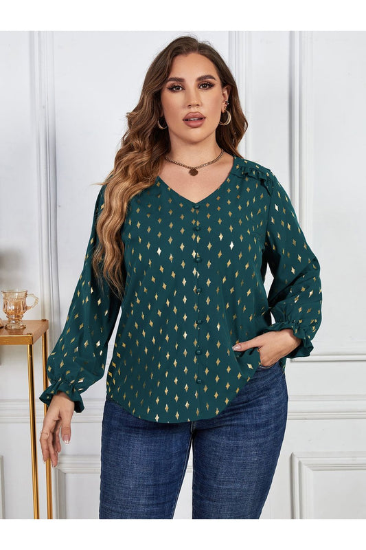 Plus Size Women Printed Frill Trim Flounce Sleeve Blouse NicholesGifts