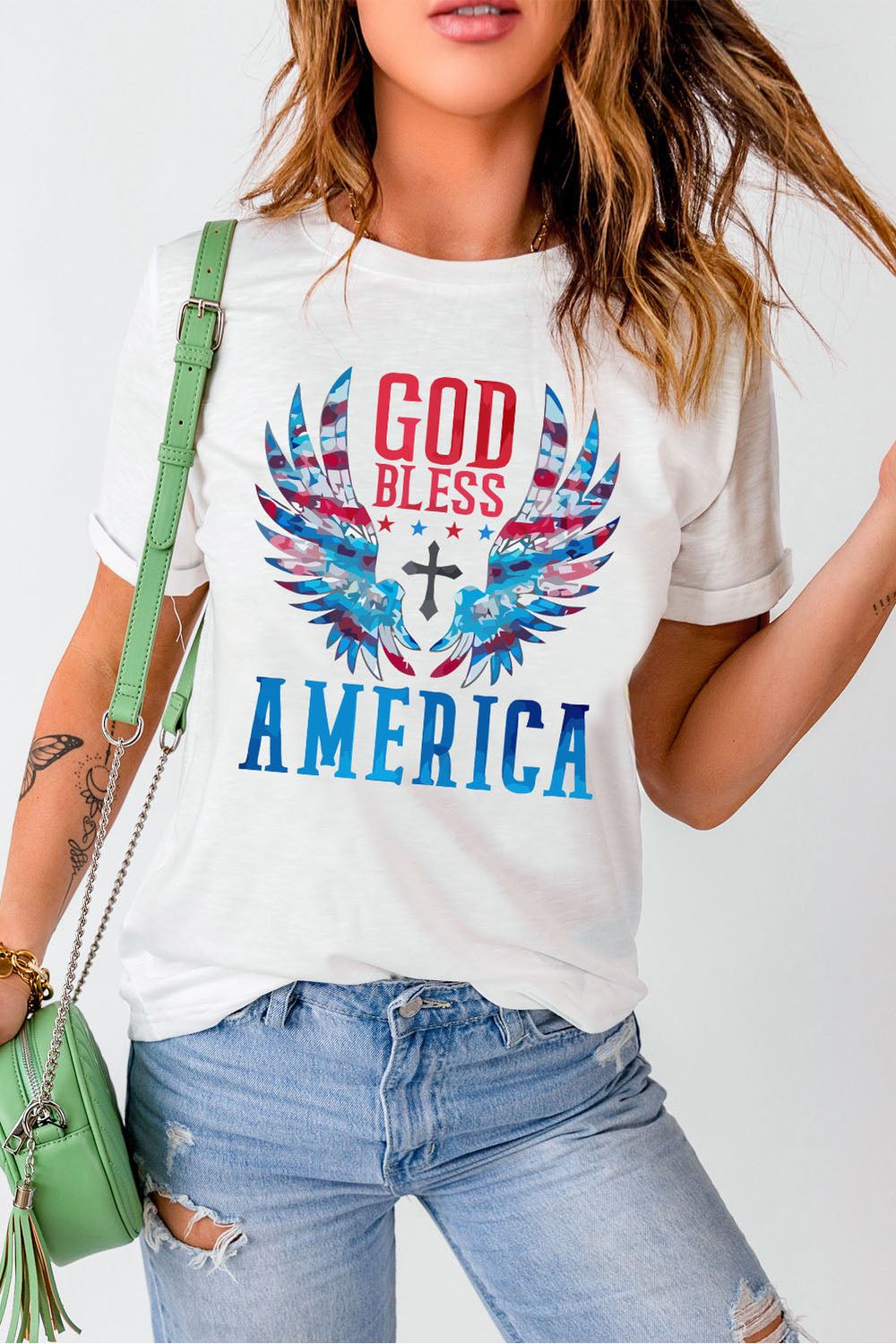 Women GOD BLESS AMERICA Cuffed Tee Shirt nicholesgifts