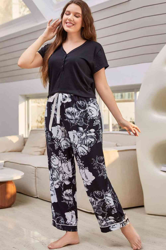 Women Full Size V-Neck Top and Floral Pants Lounge Set nicholesgifts