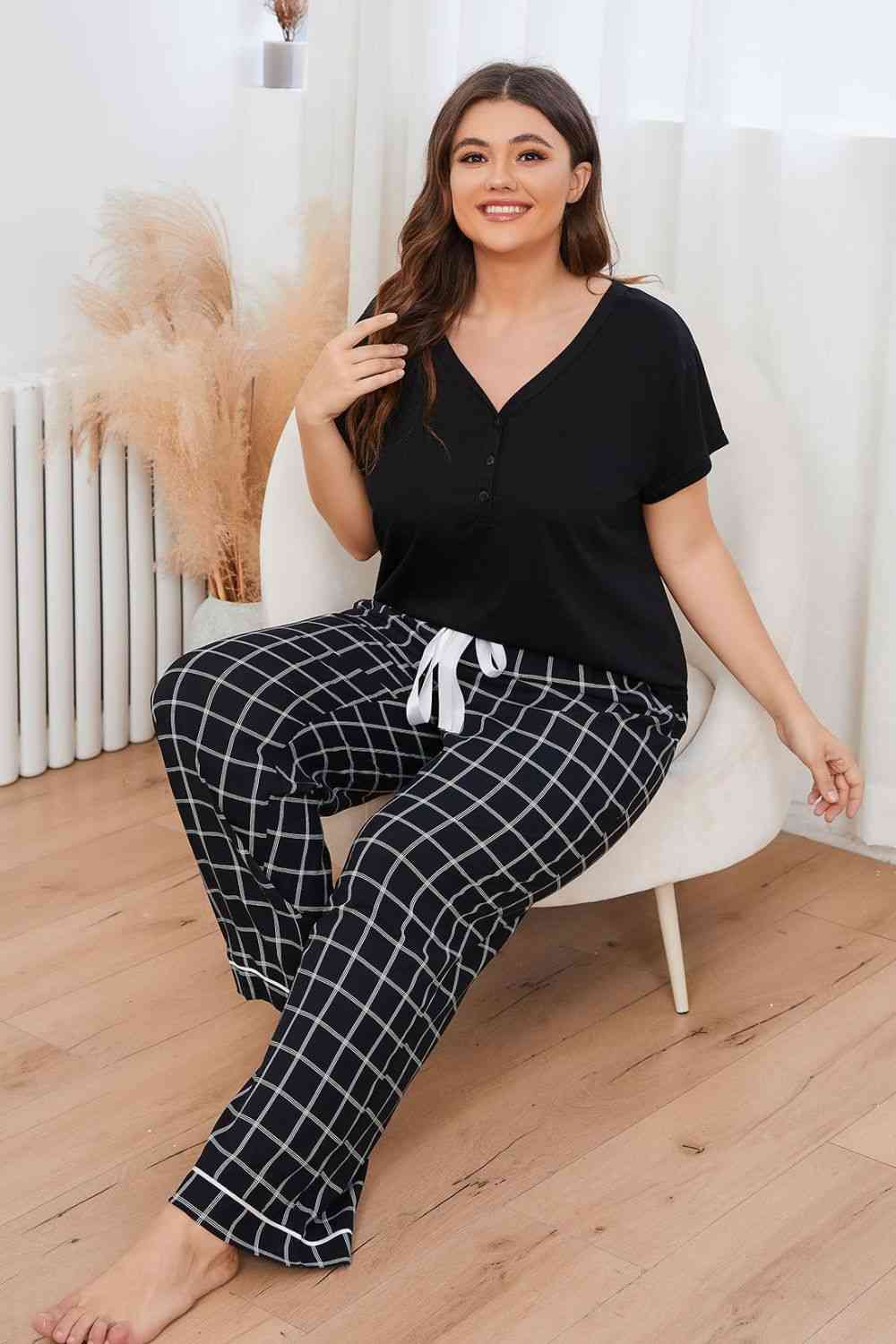 Women Plus Size V-Neck Top and Plaid Pants Lounge Set nicholesgifts