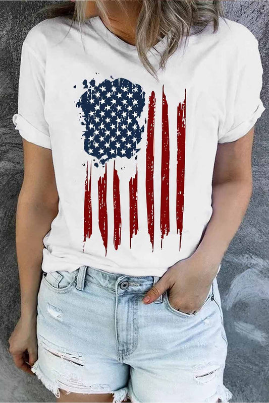 Women US Flag Graphic Round Neck Short Sleeve Tee nicholesgifts