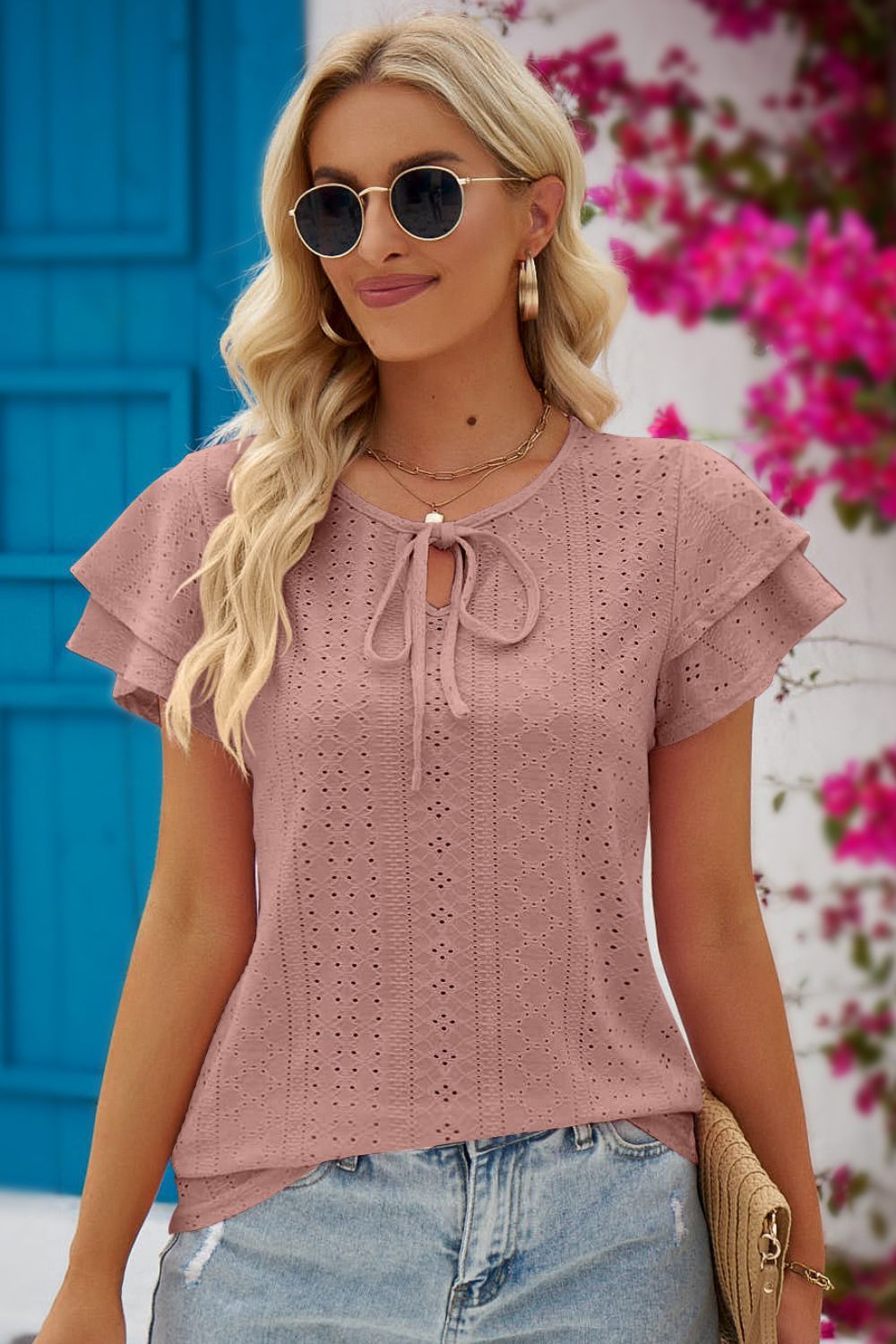 Women Eyelet Tie-Neck Flutter Sleeve Blouse nicholesgifts