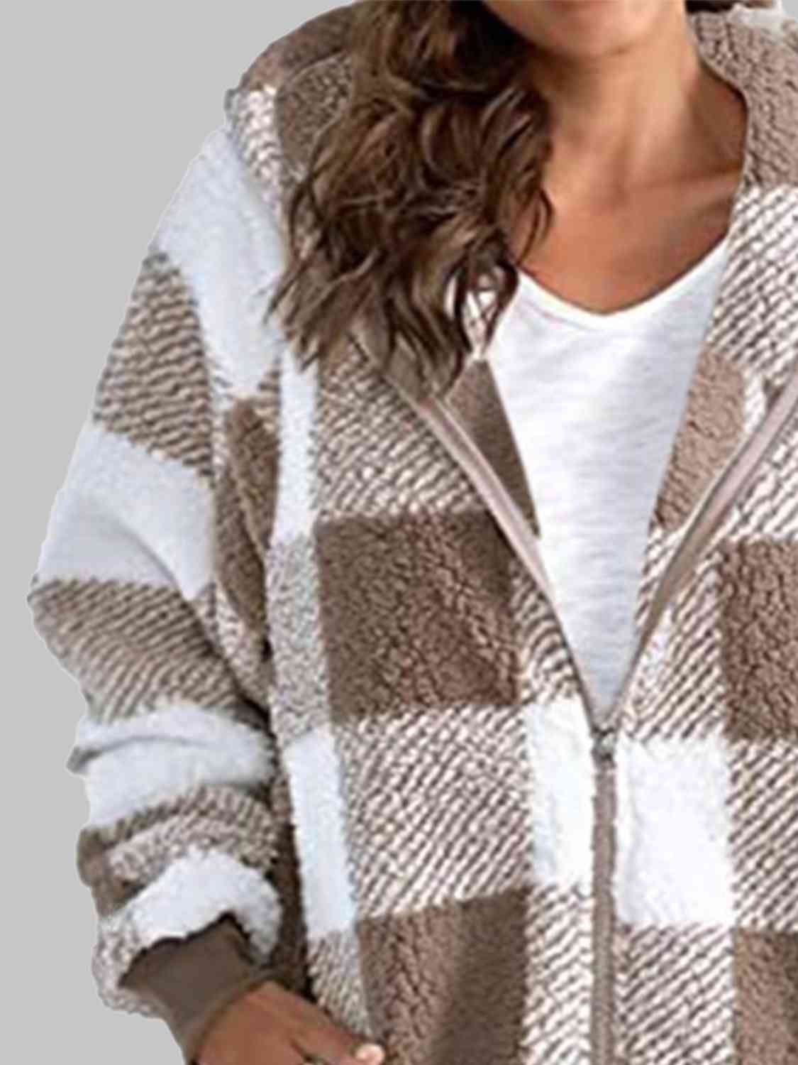 Women Plaid Zip-Up Hooded Jacket with Pockets