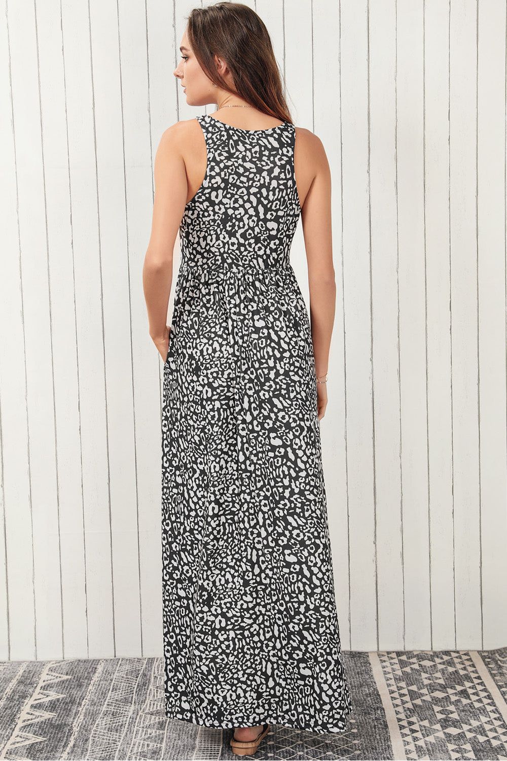 Women Leopard Round Neck Sleeveless Maxi Dress