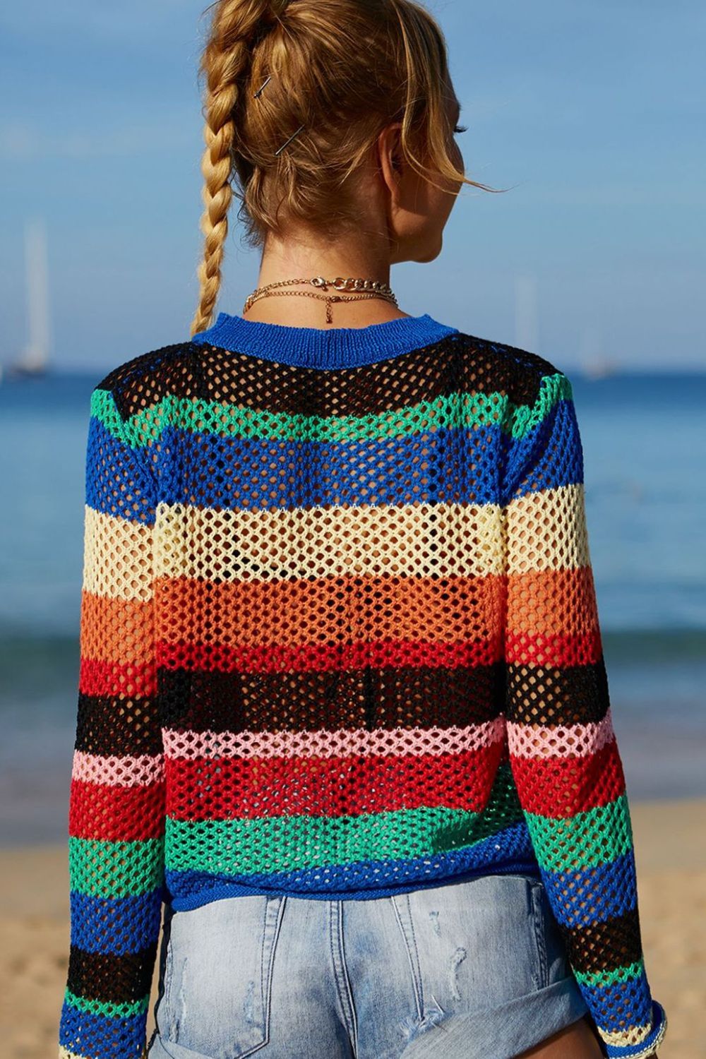 Women Rainbow Stripe Openwork Long Sleeve Cover-Up nicholesgifts