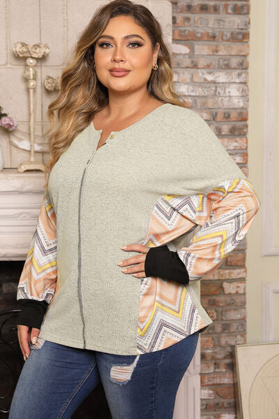 Plus Size Women Exposed Seam Print Long Sleeve T-Shirt NicholesGifts