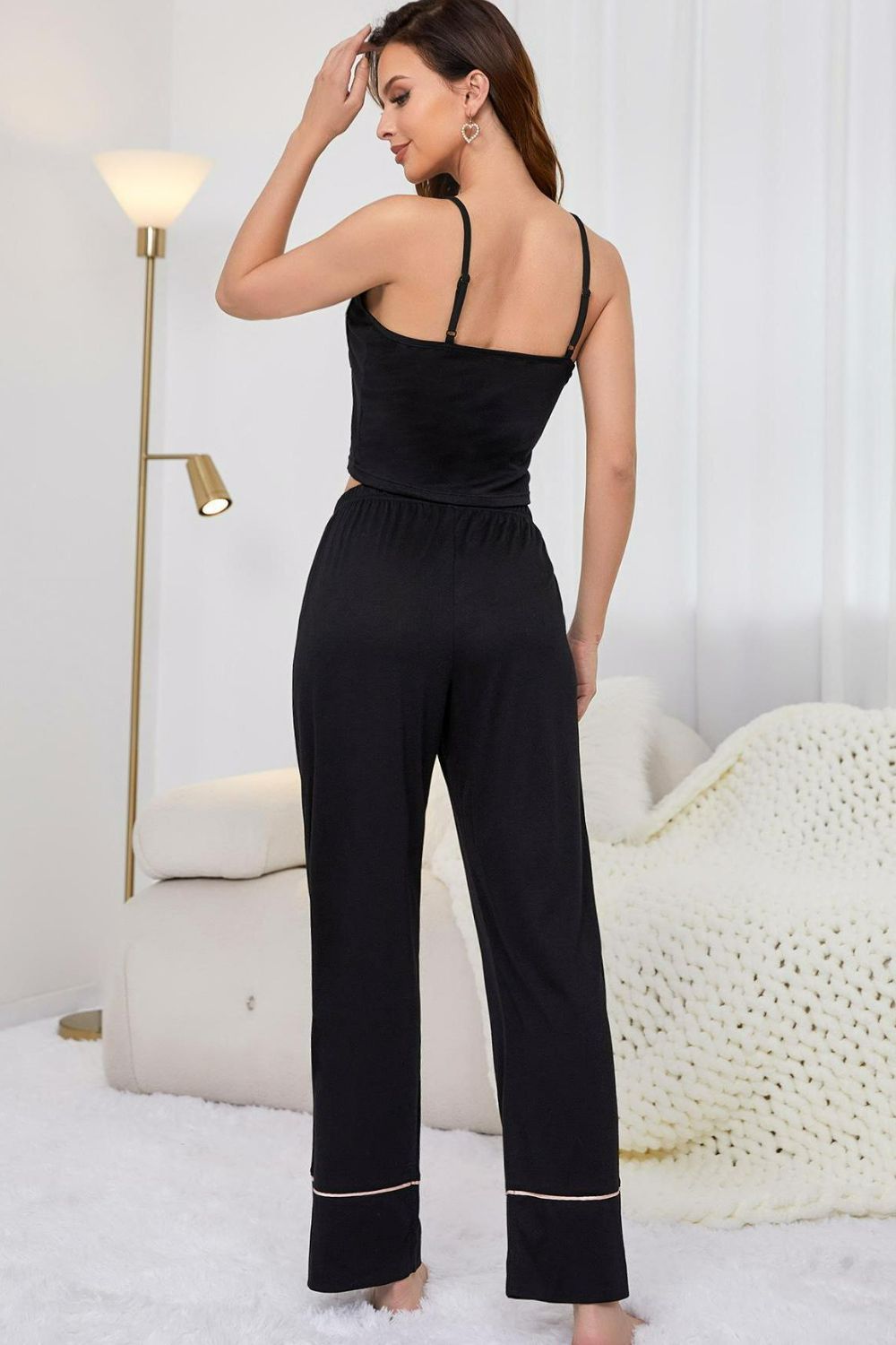 Women Contrast Trim Cropped Cami and Pants Loungewear Set nicholesgifts