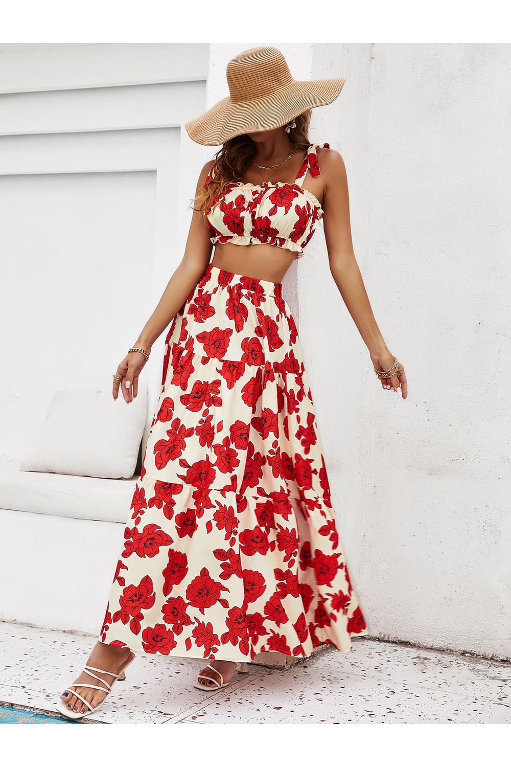 Women Floral Tie Shoulder Top and Tiered Maxi Skirt Set nicholesgifts