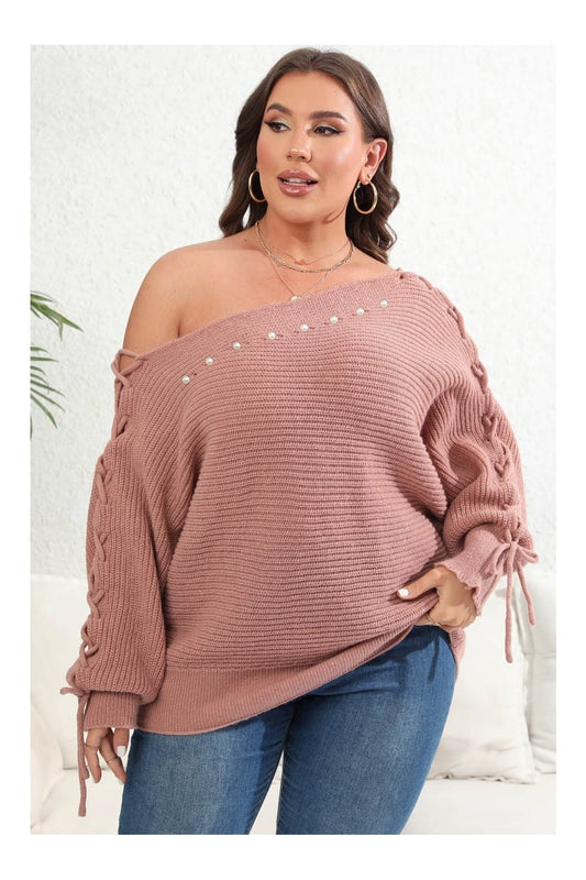 Plus Size Women One Shoulder Beaded Sweater NicholesGifts
