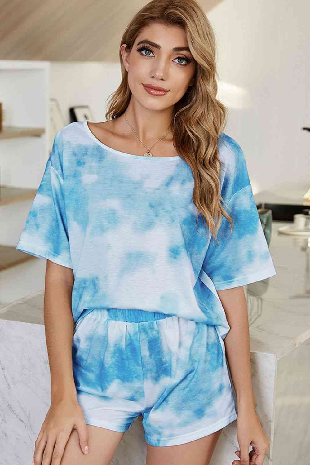 Women Tie-Dye Boat Neck Top and Shorts Lounge Set nicholesgifts