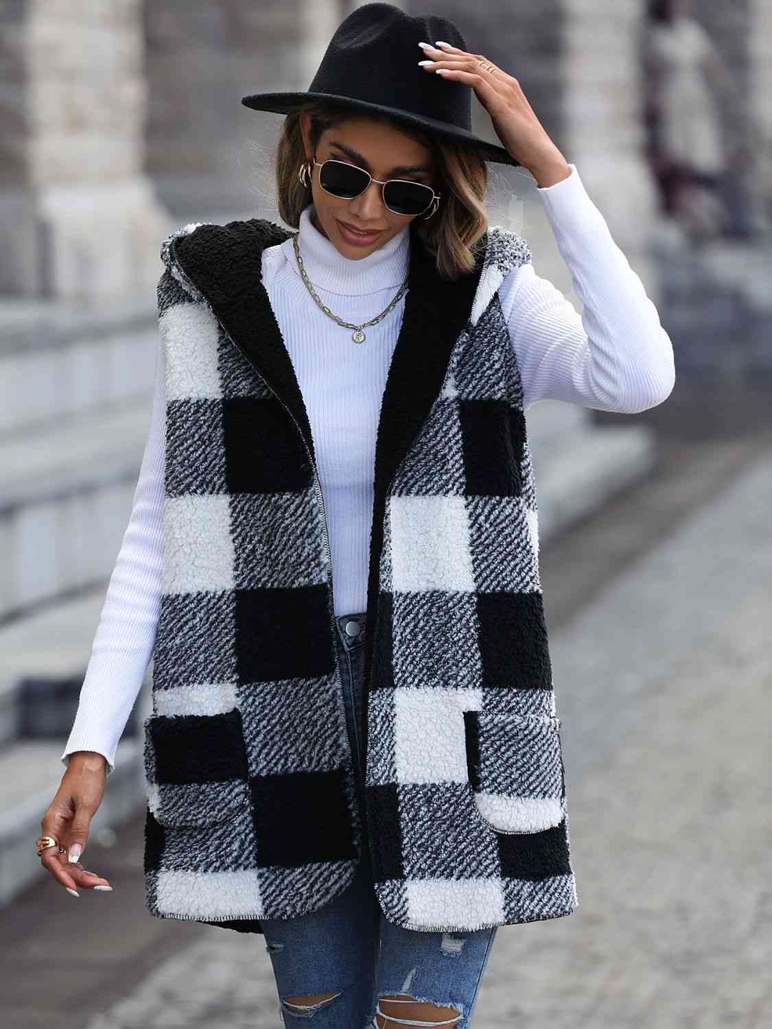 Women Plaid Hooded Vest with Pockets