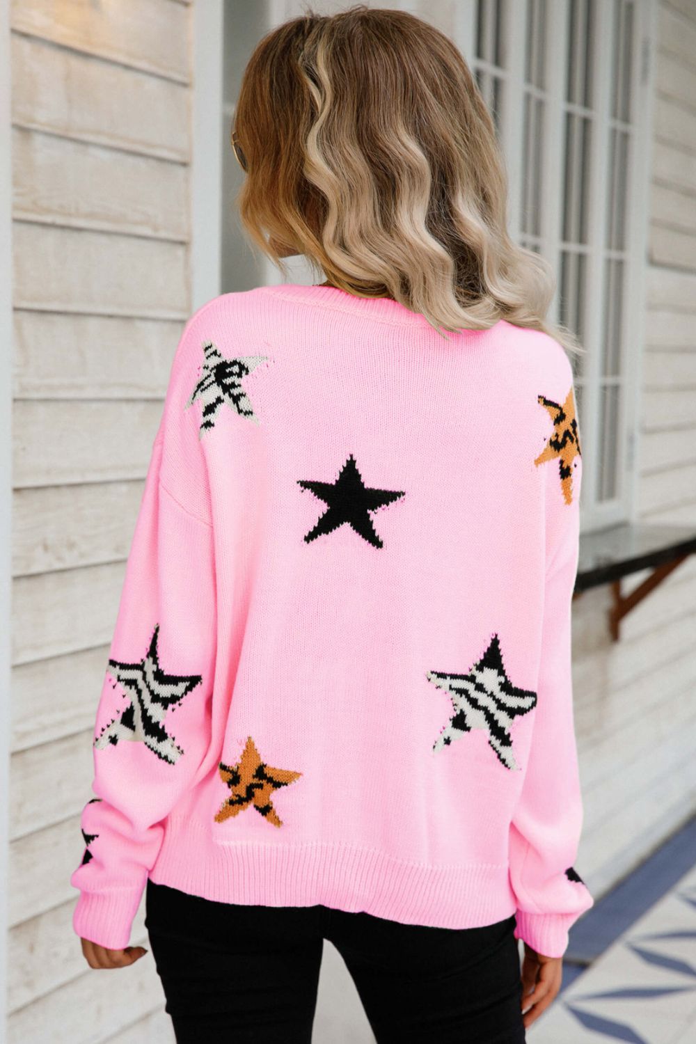 Women Star Pattern Round Neck Dropped Shoulder Sweater nicholesgifts