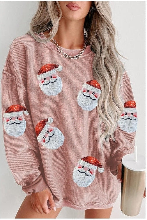 Women Sequin Santa Patch Ribbed Christmas Sweatshirt nicholesgifts