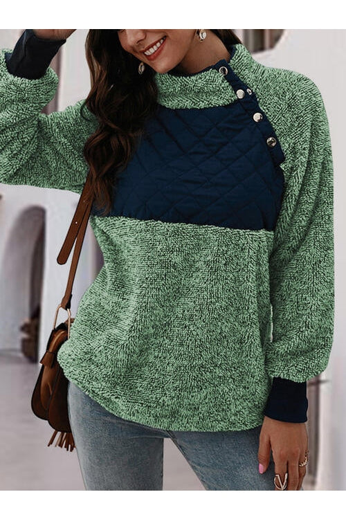 Women Contrast Turtleneck Half Snap Sweatshirt