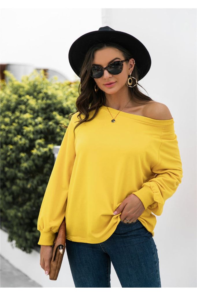 Women Round Neck Raglan Yellow Long Sleeve Sweatshirt - NicholesGifts.online