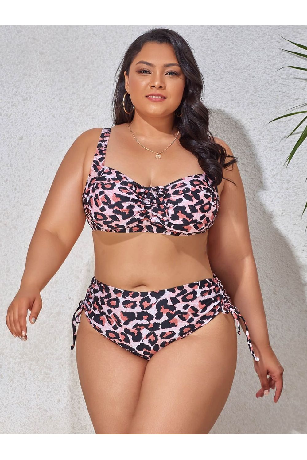Plus Size Women Printed Drawstring Detail Bikini Set