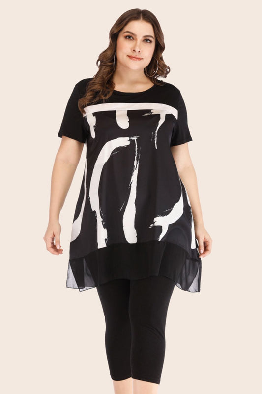 Plus Size Women Contrast Spliced Mesh T-Shirt and Cropped Leggings Set