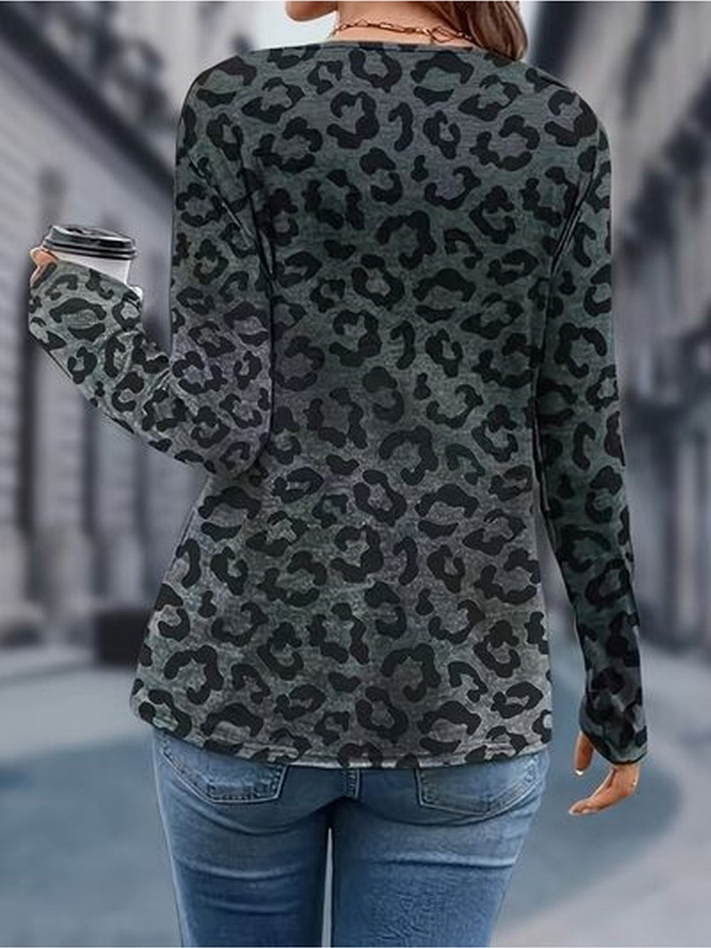 Women Leopard V-Neck Long Sleeve T-Shirt nicholesgifts