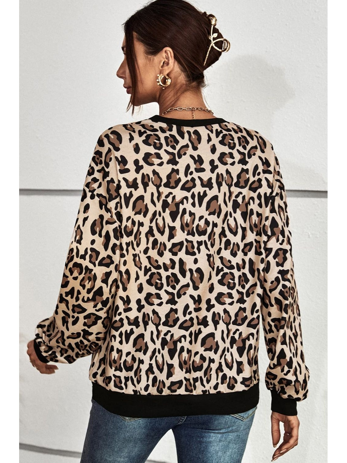 Women Leopard Round Neck Dropped Shoulder Sweatshirt nicholesgifts