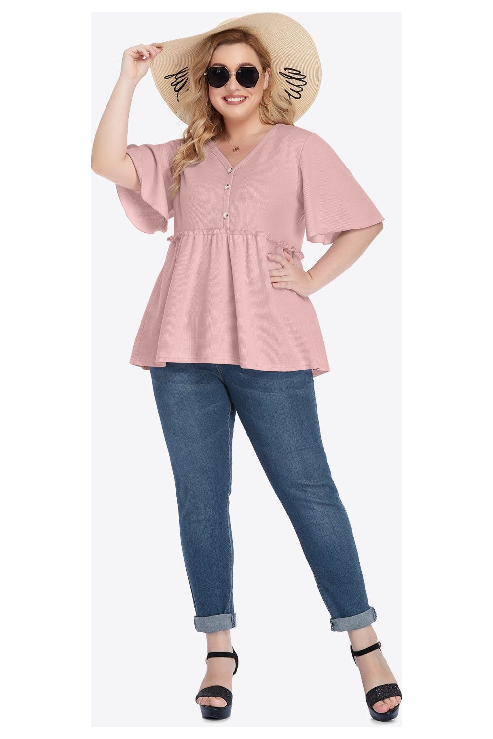 Plus Size Women Buttoned V-Neck Frill Trim Babydoll Blouse nicholesgifts