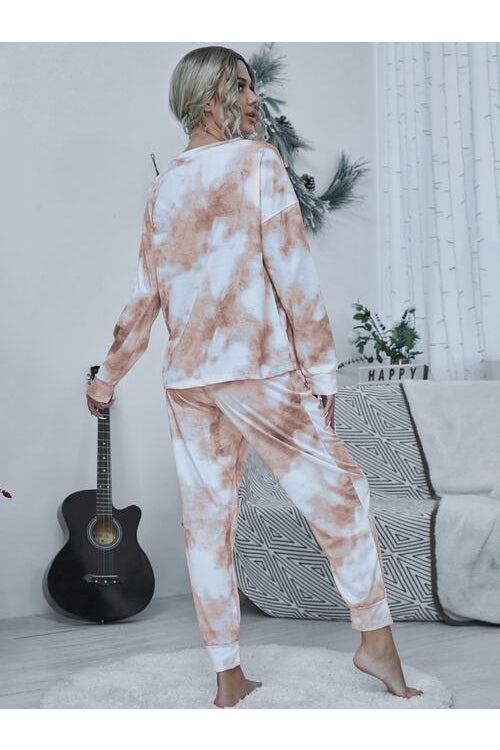 Women Tie-dye Round Neck Top and Drawstring Pants Lounge Set nicholesgifts