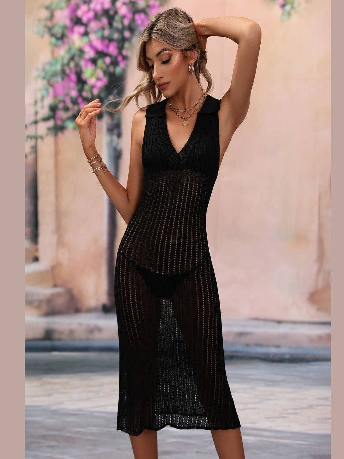 Women Openwork Johnny Collar Cover Up Dress nicholesgifts