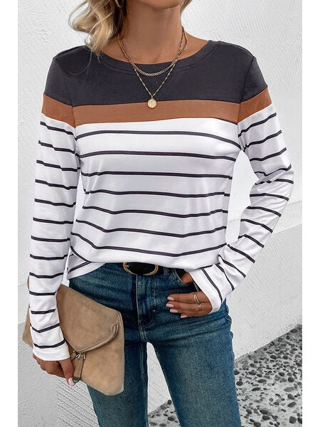 Women Striped Round Neck Long Sleeve T-Shirt nicholesgifts