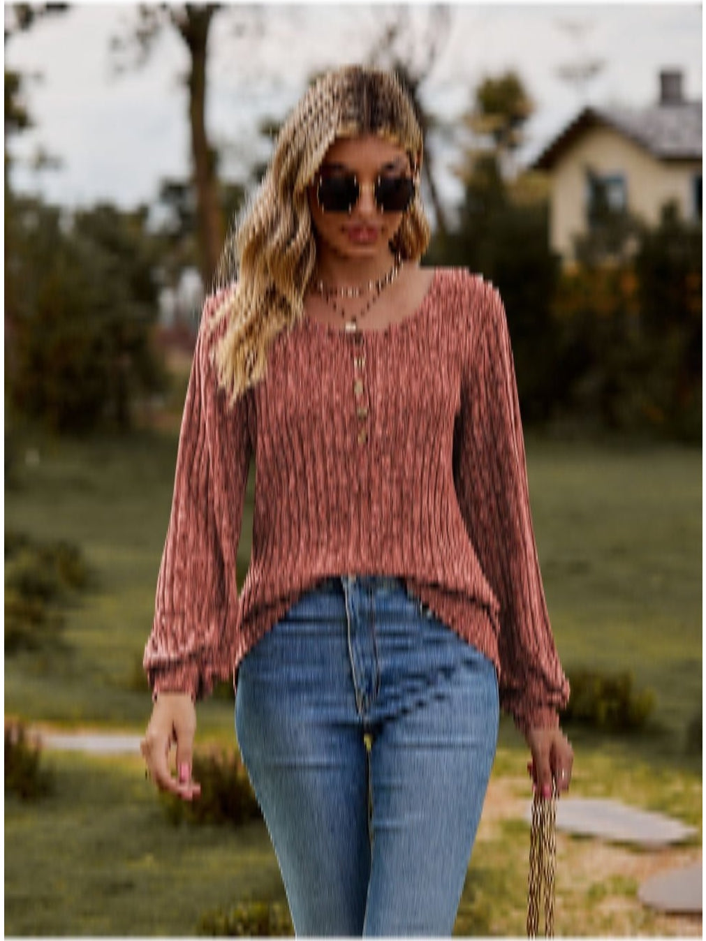 Women Round Neck Button-Down Long Sleeve Tee nicholesgifts