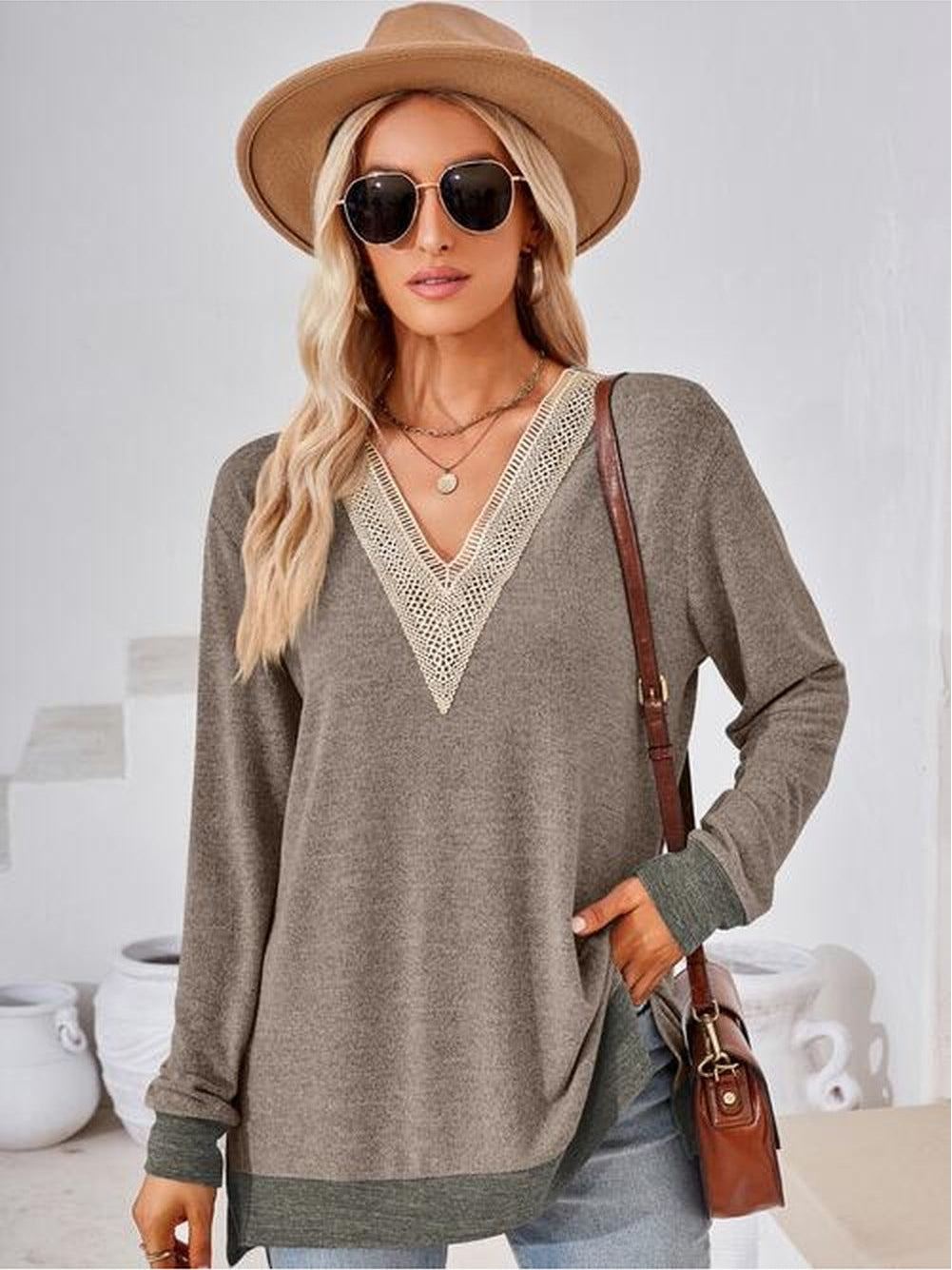 Women Crochet Contrast V-Neck Long Sleeve Slit T-Shirt nicholesgifts