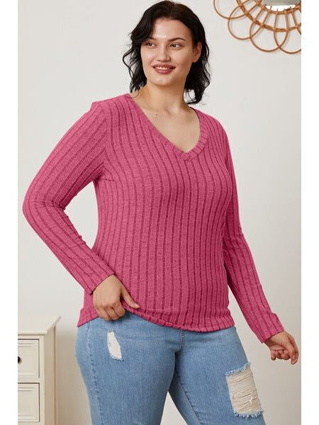 Women Basic Full Size Ribbed V-Neck Long Sleeve T-Shirt nicholesgifts