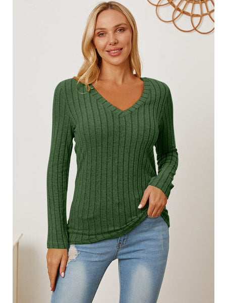 Women Basic Full Size Ribbed V-Neck Long Sleeve T-Shirt nicholesgifts