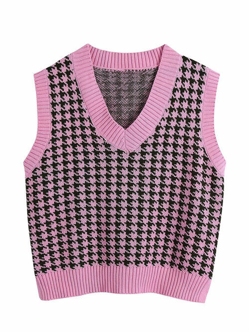 Women Houndstooth V-Neck Sweater Vest nicholesgifts