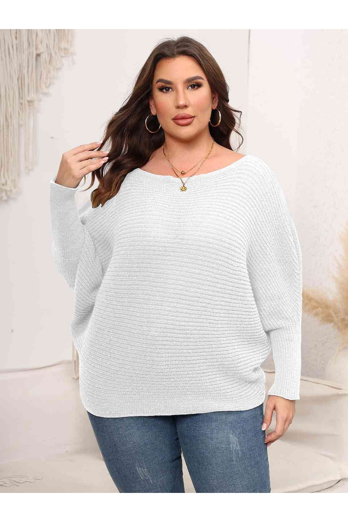 Full Size Women Boat Neck Batwing Sleeve Sweater nicholesgifts