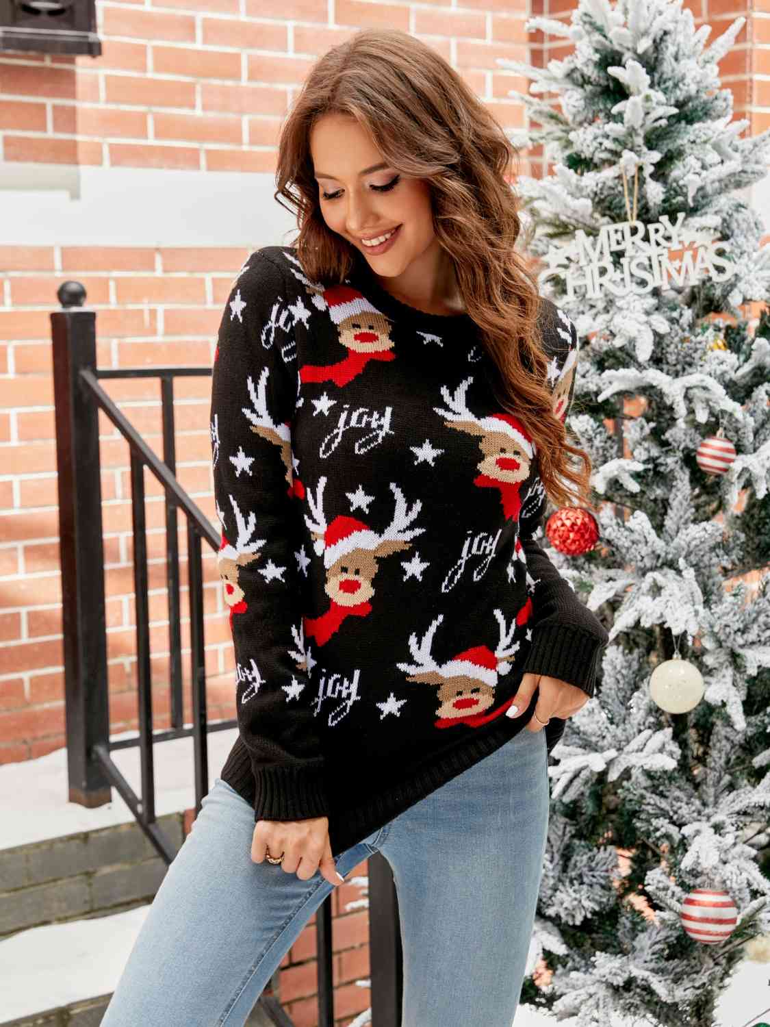 Women Reindeer Round Neck Sweater - NicholesGifts.online