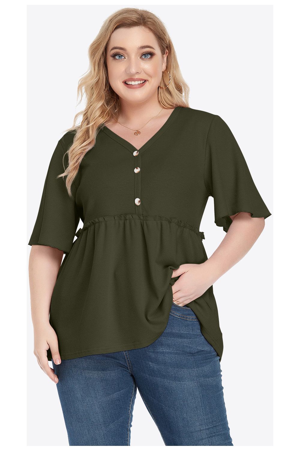 Plus Size Women Buttoned V-Neck Frill Trim Babydoll Blouse nicholesgifts