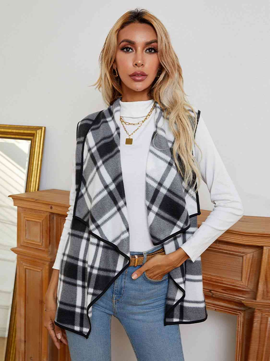 Women Plaid Open Front Vest nicholesgifts