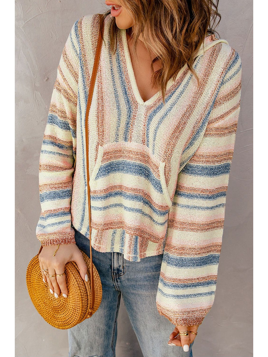 Women Striped Hooded Sweater with Kangaroo Pocket nicholesgifts