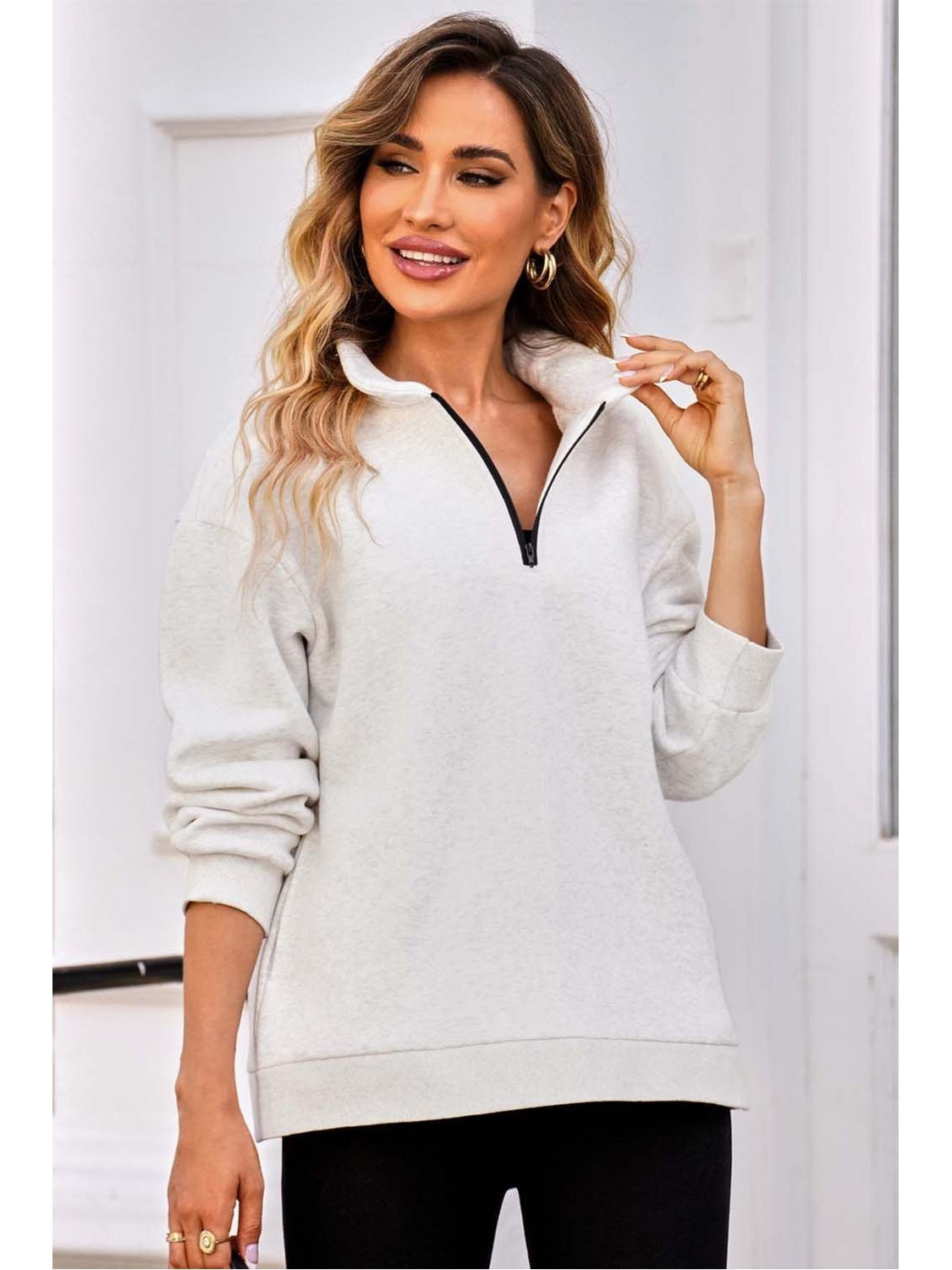 Women Quarter Zip Dropped Shoulder Sweatshirt nicholesgifts