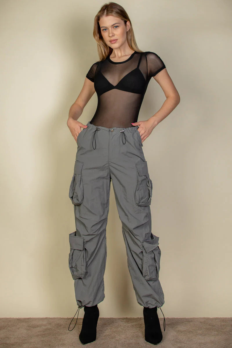 Women Flap Pockets Drawstring Ruched Parachute Pants nicholesgifts