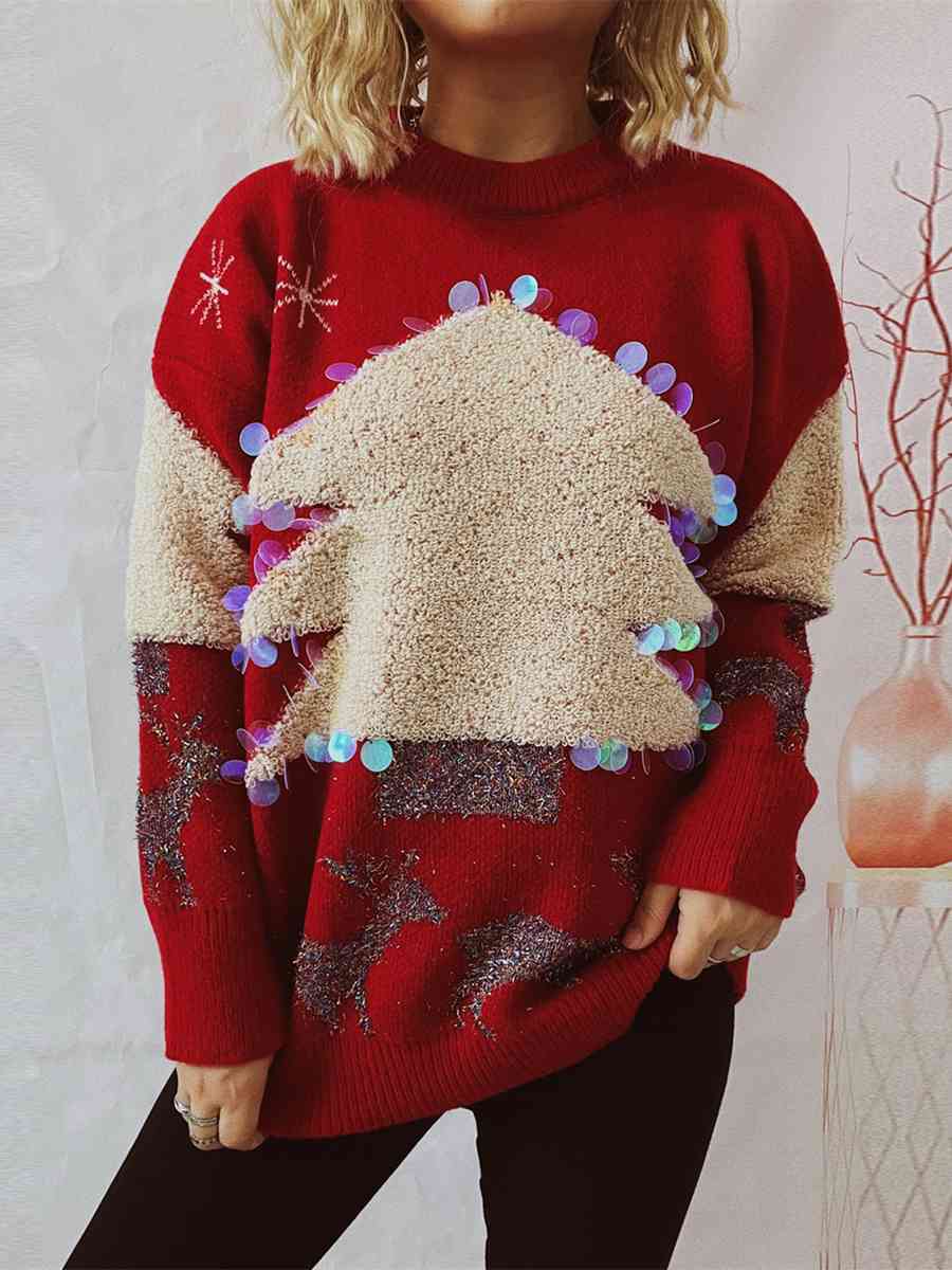 Women Sequin Christmas Tree & Reindeer Round Neck Sweater