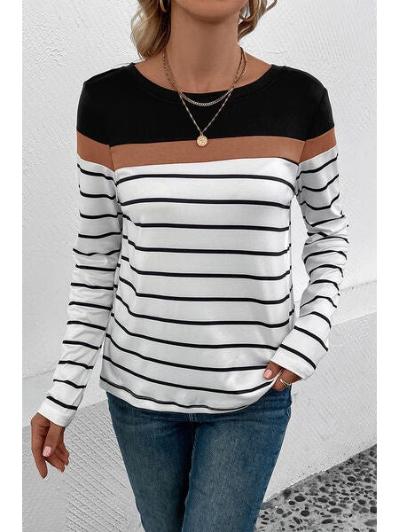 Women Striped Round Neck Long Sleeve T-Shirt nicholesgifts