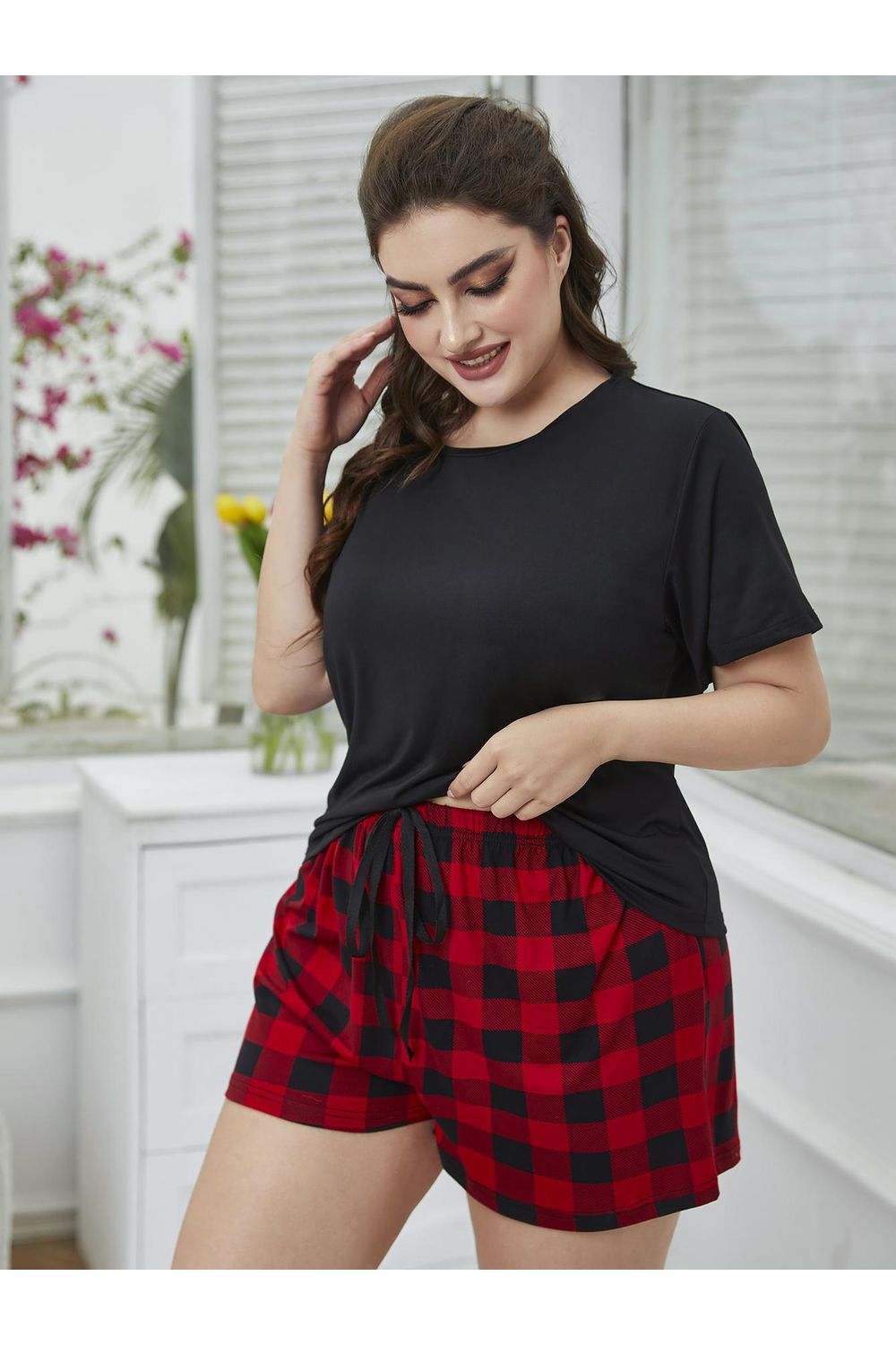 Plus Size Women Round Neck Tee Shirt and Plaid Shorts Lounge Set nicholesgifts