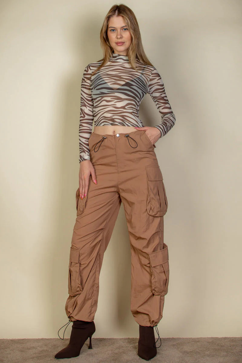 Women Flap Pockets Drawstring Ruched Parachute Pants nicholesgifts