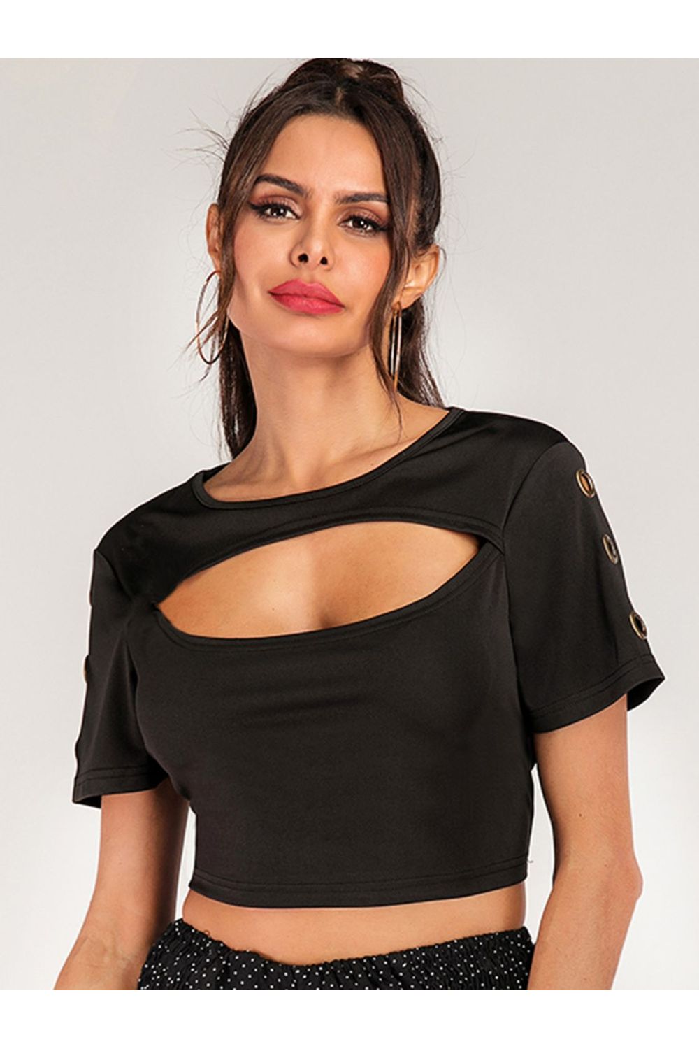 Women Cutout Grommet Detail Cropped Tee nicholesgifts