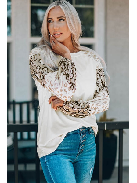 Women Leopard Round Neck Dropped Shoulder T-Shirt nicholesgifts