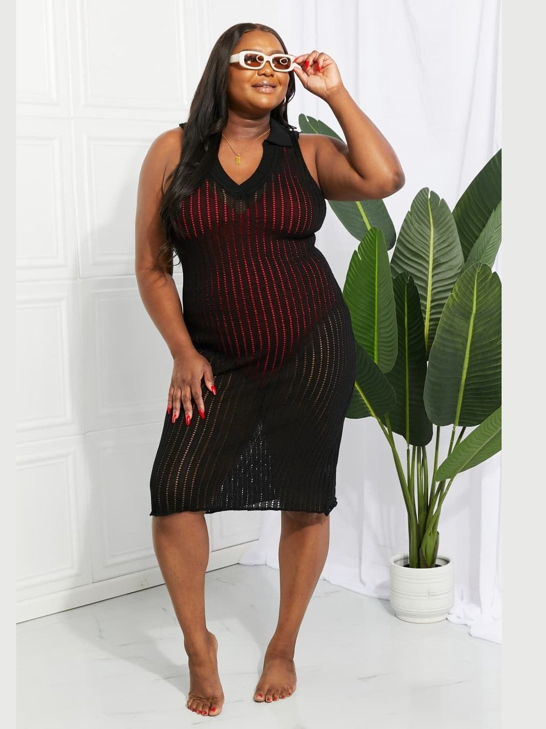 Women Openwork Johnny Collar Cover Up Dress nicholesgifts