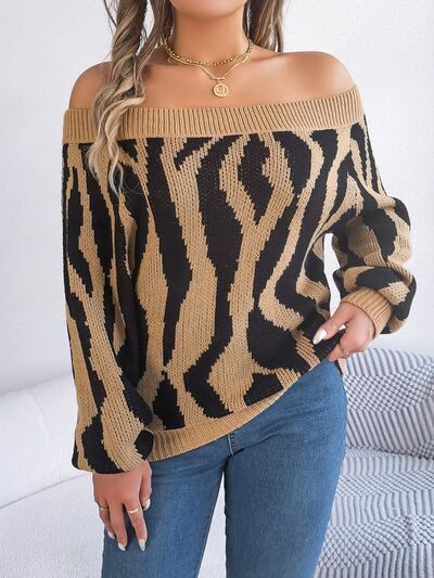 Women Off-Shoulder Animal Print Long Sleeve Sweater nicholesgifts