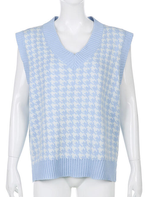 Women Houndstooth V-Neck Sweater Vest nicholesgifts